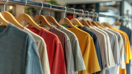 A rack of casual, stylish t-shirts in a range of colors and designs, displayed in a bright, modern store.