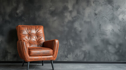 Modern interior design background with retro leather chair on gray wall with copy space