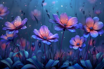 Poster - Mesmerizing and enchanting digital art illustration of a glowing and mystical nighttime floral scene. Showcasing the magical and otherworldly beauty of nature in a vibrant. Dreamlike