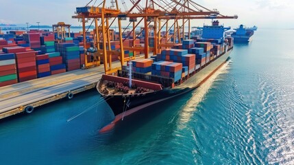 Wall Mural - Cargo ship being loaded with containers at a port.