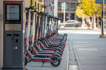 Row of Electric Scooters Parked in Urban Setting