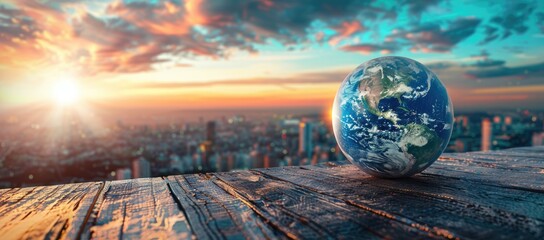 earth globe on a wooden platform against a city skyline at sunset