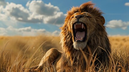 Wall Mural - Majestic Lion Roaring in the African Savanna