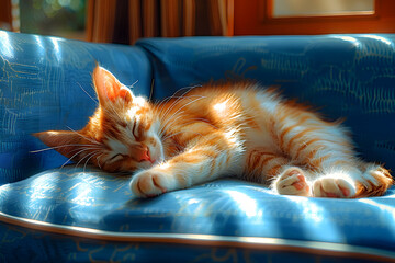 Sticker - Red domestic kitten snoozes on the blue sofa. Summer sunny atmosphere around. Nice concept for National Lazy Day on 10th August