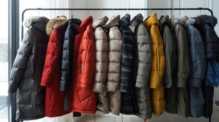 A selection of high-end winter coats in various styles and colors, displayed on chic, minimalist racks.