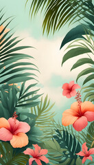 Wall Mural - A vibrant floral pattern featuring large pink and red hibiscus flowers, orange blossoms, green palm leaves and green tropical leaves on a light background.