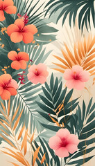  A vibrant floral pattern featuring large pink and red hibiscus flowers, orange blossoms, green palm leaves and green tropical leaves on a light background.