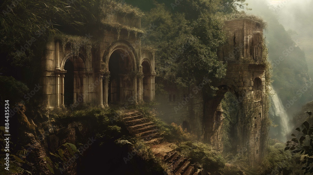 An ancient, overgrown ruin of grand arches and stone structures is ...