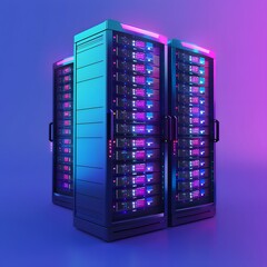 Poster - Modern data center servers in neon lighting. High-performance computing and technology infrastructure for IT management and cloud services.