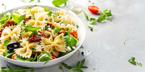 Wall Mural - Bow tie pasta salad with sundried tomatoes olives feta cheese on white background. Concept Food Photography, Pasta Dishes, Italian Cuisine, Ingredient Showcase, White Background Shots