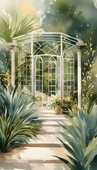 A serene watercolor painting of a garden entrance with surrounded by lush green foliage and sunlight filtering through the trees.