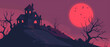 © Rutchaneewan - Eerie haunted house on hill, flat design spooky scene.