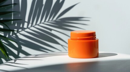 Wall Mural - Skincare product in orange container on white backdrop with palm shadow Beauty concept for skincare routine