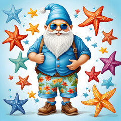 Wall Mural - set of starfish with funny gnome 