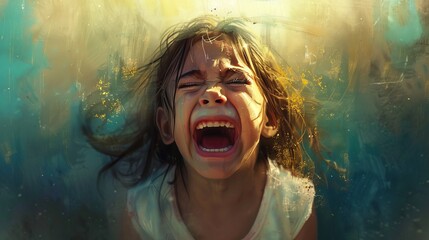 Wall Mural - A highly artistic and emotional depiction of a young girl crying, executed with vibrant and abstract hues, focusing on the powerful emotional experience and artistic expression.