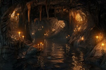 Sticker - Mysterious cave illuminated by golden candlelight, creating a magical ambiance