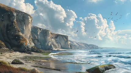 Wall Mural - A coastal landscape featuring majestic high cliffs flanking a serene beach, under a vast sky adorned with fluffy clouds and numerous birds flying, creating a tranquil scene.