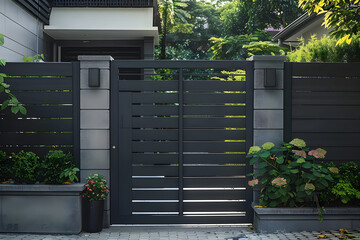 High dark grey home door aluminum gate gray slats portal garden of suburb house