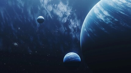 Wall Mural - This striking image captures several giant blue planets along with small moons, set against the majestic and infinite backdrop of the cosmic universe, evoking wonder and serenity.
