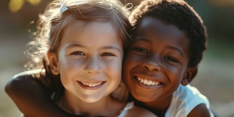 Two young kids holding and hugging each other in a warm moment, suitable for family and love-themed projects