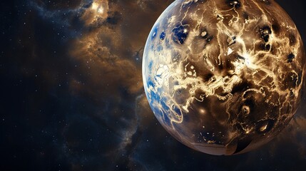 Wall Mural - A vibrant alien planet with bright, glowing patches set against the backdrop of deep space, featuring swirling clouds and mysterious luminous regions.