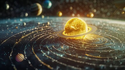 Wall Mural - This image showcases a celestial scene with a shining golden planet at the center surrounded by various planets and an intricate array of glowing swirls, evoking a sense of cosmic wonder.