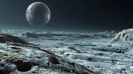 Wall Mural - An expansive alien planetary landscape characterized by its rocky and cratered surface, under the night sky with a visible moon, evoking feelings of solitude and mystery.