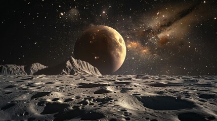Wall Mural - A stunning visual of a lunar surface with mountains and craters, set beneath a dramatic moon and starry sky, suggesting exploration, isolation, and cosmic beauty.
