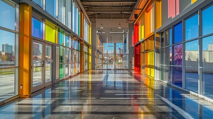 Wall Mural - A stunning image of a modern, spacious interior filled with natural light, featuring vibrant, colorful glass walls that create an atmosphere of inspiration and innovation.