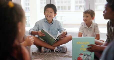 Sticker - Happy, kids and books in classroom together for educational development, group learning and growth. Students, reading or studying in school for support, knowledge and storytelling or bonding