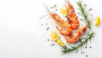 Red cooked prawn or shrimp with rosemary and lemon isolated on white background with copy space for your text. Top view. Flat lay