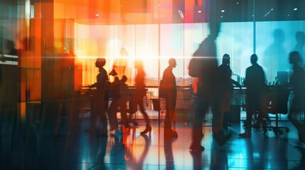 Poster - blurred silhouettes of people in a coworking space or office space. generative ai.