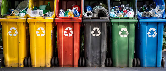 Poster - Color-coded recycling bins filled with paper, plastic, metals, and glass for environmental waste management.