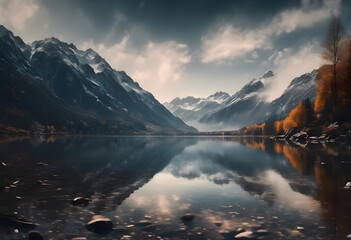 A serene mountain lake surrounded by autumn trees and snow-capped peaks, reflecting the landscape in its calm waters under a partly cloudy sky.