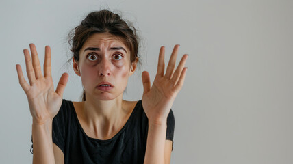 frightened adult woman with a bruise on her face under her eye raises her hands in defense against the background of a white wall,generative ai