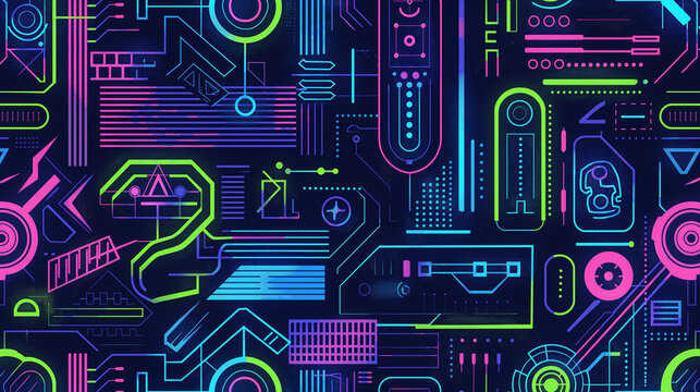 A colorful, neon-lit background with a variety of shapes and lines