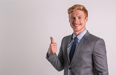 Wall Mural - A handsome blonde man in his thirties, smiling and giving a thumbs up wearing a grey suit