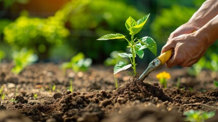 Poster - A person planting a young sapling in a fertile garden soil, using gardening tools.