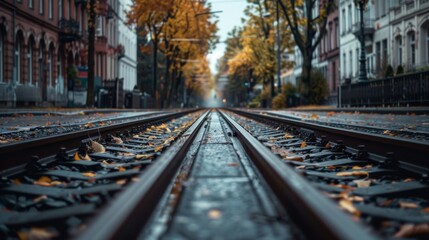 Poster - A perspective shot of parallel train tracks converging at a distant vanishing point in an urban setting.
