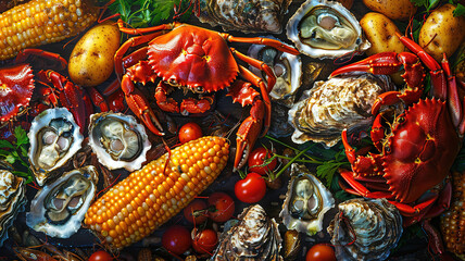 Superb Seafood broil of oysters, crab, corn, potatoes