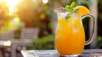 Poster - A pitcher of refreshing orange juice served with ice cubes and mint leaves on a patio table.