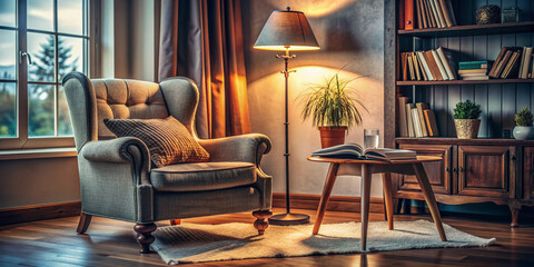 A cozy atmosphere with a worn armchair, a floor lamp, and a side table with a partly read book and a pair of reading glasses.