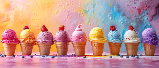 Wall Mural - A delightful row of colorful ice cream cones with different flavors and toppings. Set against a rainbow-hued background, creating a festive, mouth-watering scene