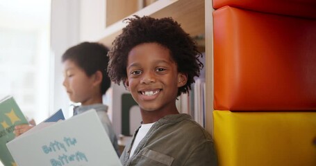 Aufkleber - Happy, students and reading in classroom together for educational development, group learning and growth. Children, book and studying in school for support, knowledge and storytelling or bonding