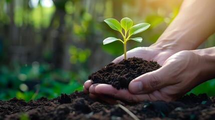 Hand holding a small plant growing out of soil with a blurred background of green leaves