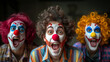 © big_and_serious - Three men dressed as clowns shout and cry in a studio shot. With red noses and colorful costumes, their expressive faces and silly antics capture the essence of a festive celebration