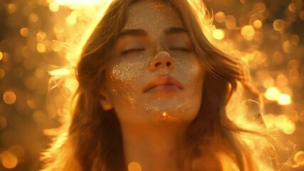 Wall Mural - beautiful young woman in gold glitter flares, magical light.