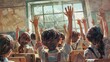 © keenan - A classroom filled with students eagerly raising their hands during a lesson