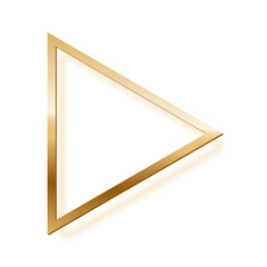 Golden triangle photo frame on white background. Gold play button. Blank space for picture, painting, card. 3d realistic empty template vector illustration. Simple object mockup.
