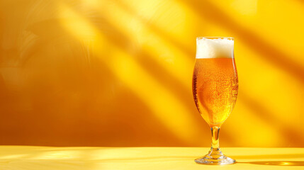 Cold, effervescent beer in tulip glass sits on vibrant yellow background with soft light and shadow effects, conveying refreshing and lively summer atmosphere.